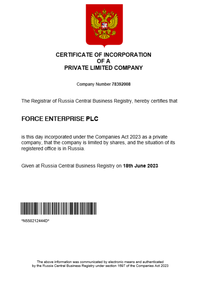 Russia business registration certificate Word and PDF template